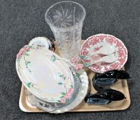 A tray of lead crystal vase, Maling lustre dish and salad servers, two Poole dolphins,