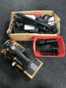 A mid 20th century cased electric sewing machine, Olympus hard case and two cases of camera tripods,