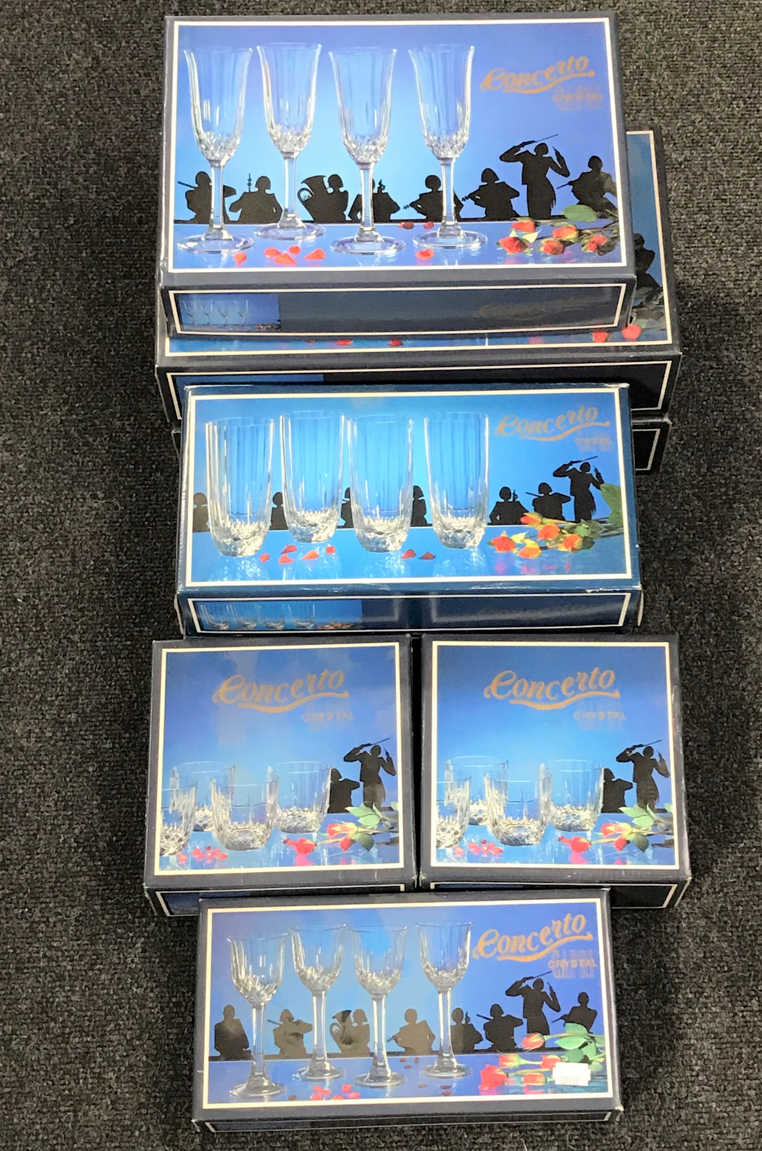 Eight boxes of Concerto crystal glasses