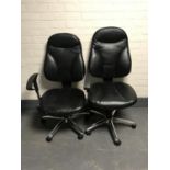 A black leather and mesh high back swivel office armchair together with a further black leather