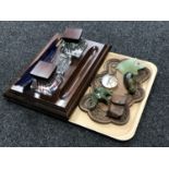 A tray of desk stand with glass insets and feather quill, carved Eastern tray,