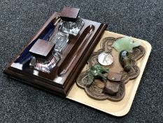 A tray of desk stand with glass insets and feather quill, carved Eastern tray,