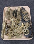 A tray containing a quantity of horse brasses,