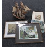 A box of two wooden galleons, framed prints including F.D.