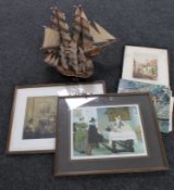 A box of two wooden galleons, framed prints including F.D.