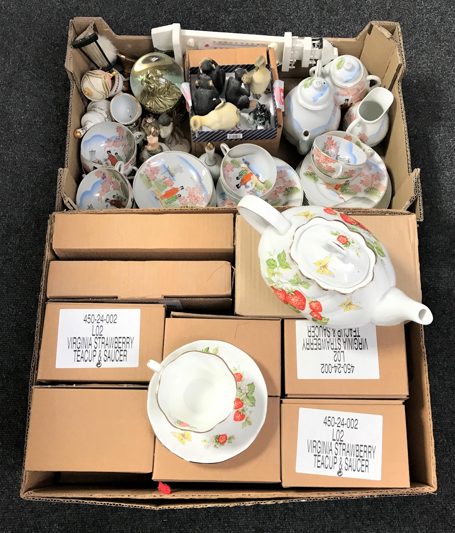 Two boxes of Ringtons Queens tea service, Japanese tea service,
