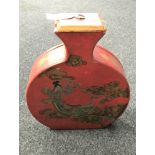 A leather bound Chinese hand painted moon flask with lid