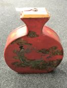 A leather bound Chinese hand painted moon flask with lid