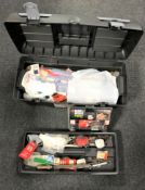 A Zag plastic box containing hand tools and a new Black & Decker auto tape