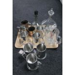 A tray of assorted plated and glass ware, two antique copper tankards, pewter tankards,