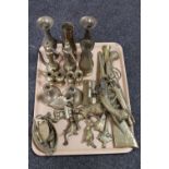A tray of assorted brass including pistols and rifles, eastern vases and tea pots,