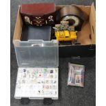 A box containing a collection of china thimbles in case, jewellery boxes,