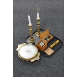 A tray of brass candlesticks, compass, scales, Salter's Trade Spring Balance Scale ,