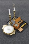 A tray of brass candlesticks, compass, scales, Salter's Trade Spring Balance Scale ,