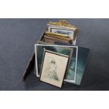 A box of various framed pictures, gilt framed oils,