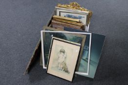 A box of various framed pictures, gilt framed oils,