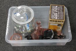 A box of miscellaneous - glass storage jar of marbles, part trinket set,