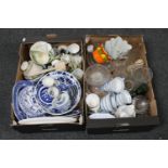 Two boxes of blue and white willow pattern china, pressed glass,