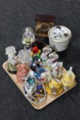 A tray of Murano glass clown, continental figures, mantel clocks, crystal trinket dish,