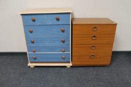 A pine effect six drawer chest and a teak effect four drawer chest