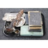 A tray of cased cutlery sets, African carving, cigarette card album,