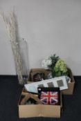 Two boxes containing lanterns, light fittings, pictures,