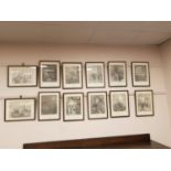 Twelve monochrome prints in Hogarth frames depicting scenes of London, etc.