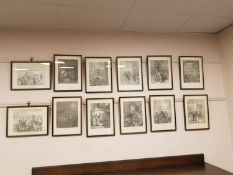 Twelve monochrome prints in Hogarth frames depicting scenes of London, etc.