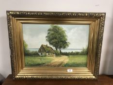 A continental school oil on canvas depicting a cottage