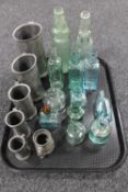 A tray of antique glass bottles, inkwells,