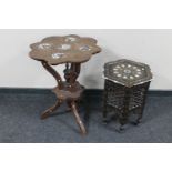 A Moorish carved, brass and mother of pearl inlaid occasional table,