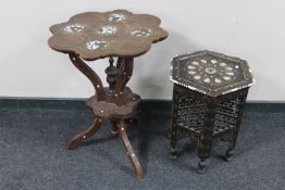 A Moorish carved, brass and mother of pearl inlaid occasional table,