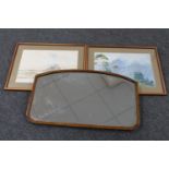 A mahogany framed mirror and two 20th century watercolours signed Baker