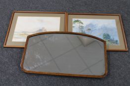 A mahogany framed mirror and two 20th century watercolours signed Baker