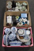 Three boxes containing Chinese blue and white porcelain table lamp, lidded vases,