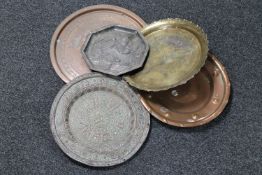 Five Eastern copper and brass chargers