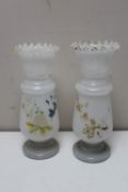 Two Victorian hand painted milk glass vases