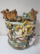 A Victorian glazed pottery Majolica jardiniere with deer and flower decoration a/f