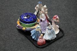 A tray of porcelain figures of ladies, Maling Ringtons potpourri bowl,