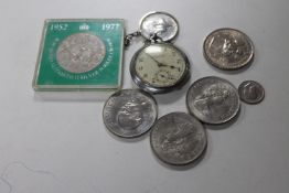 A collection of commemorative crowns, 1965 US half dollar pendant, Dellaruelle pocket watch,