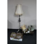 Two boxes containing cherub lamp base, light shades, oriental vases,