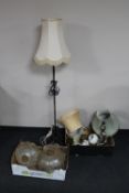 Two boxes containing cherub lamp base, light shades, oriental vases,