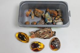 A box of antique hand painted pottery and Venetian glass animal figures and three resin inset