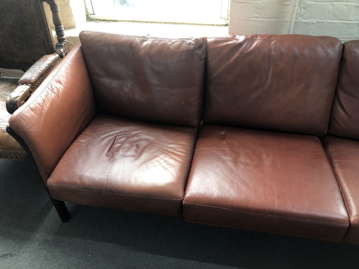 Two Danish stained beech framed settees upholstered in brown leather CONDITION REPORT: - Image 3 of 8