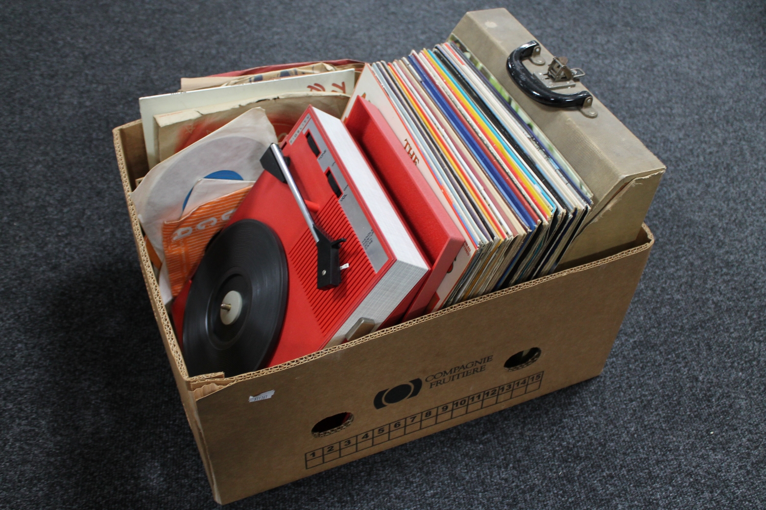A box of portable Fidelity record player, LP's including Frank Sinatra,
