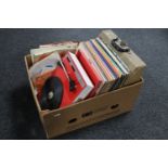 A box of portable Fidelity record player, LP's including Frank Sinatra,
