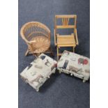 A 20th century bamboo and wicker child's chair together with a folding child's chair and two