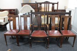 A mahogany framed armchair and four Edwardian dining chairs