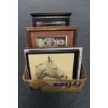 A box containing assorted framed pictures and prints including RAF aircraft,