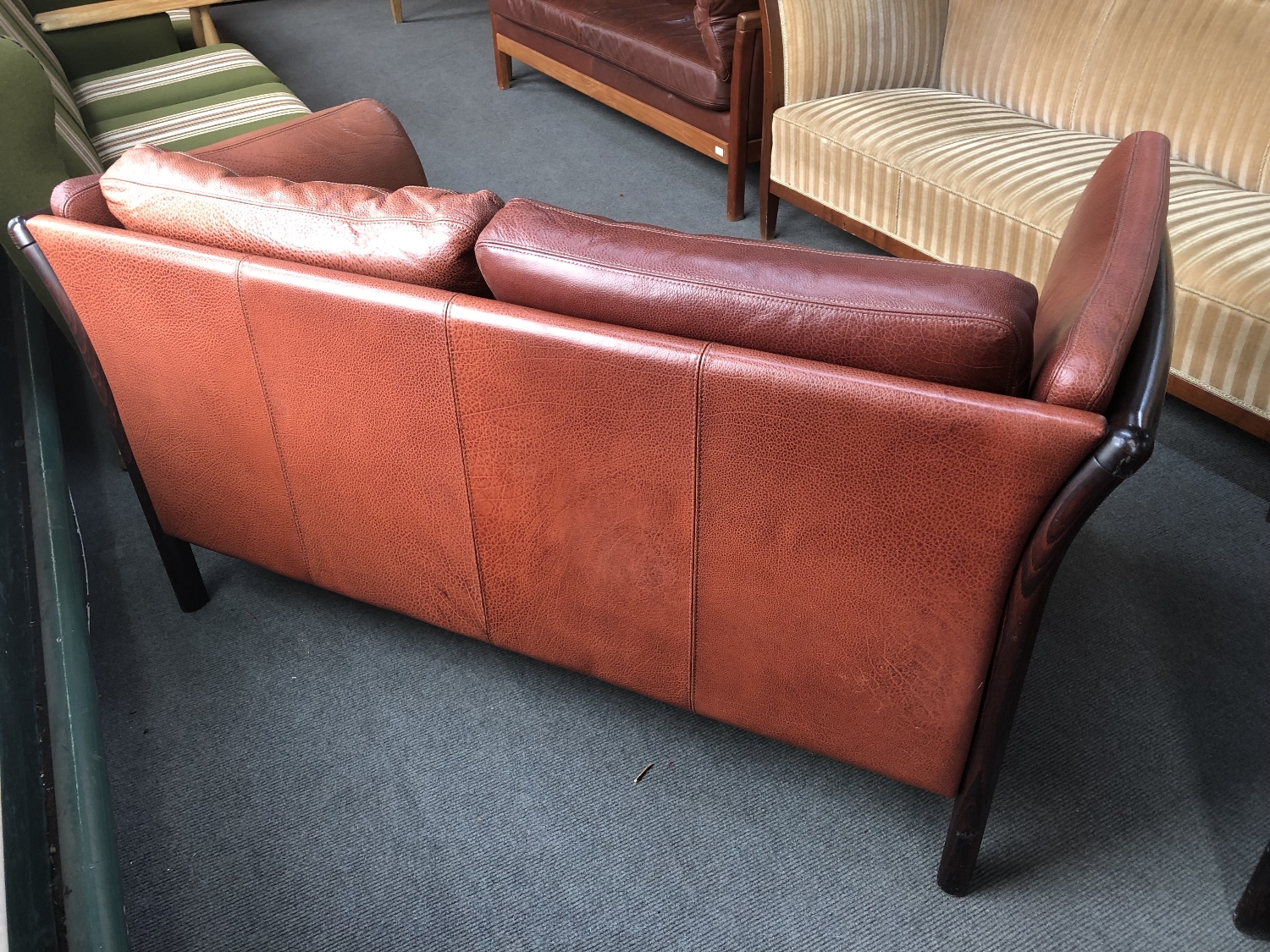 Two Danish stained beech framed settees upholstered in brown leather CONDITION REPORT: - Image 7 of 8